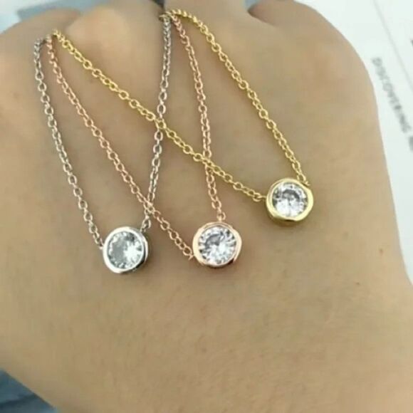 Classic 1 Carat Round CZ Layering Necklace Rose Gold, Silver, Gold - Picture 1 of 13